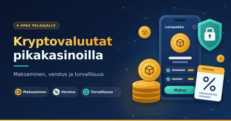 Kuvitus, jossa on otsikko ”Kryptovaluutat pikakasinoilla” sekä kryptolompakkoa näyttävä älypuhelin, kultaisia kolikoita, lukolla varustettu turvakilpi ja prosenttimerkillä varustettu veroasiakirja.