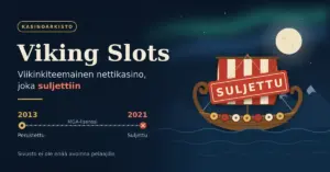 Kuvituskuva, jossa kuutamoisella vuonolla purjehtivan viikinkilaivan raidallisessa purjeessa on punainen SULJETTU-leima ja vieressä teksti Viking Slots sekä aikajana vuosilta 2013–2021.